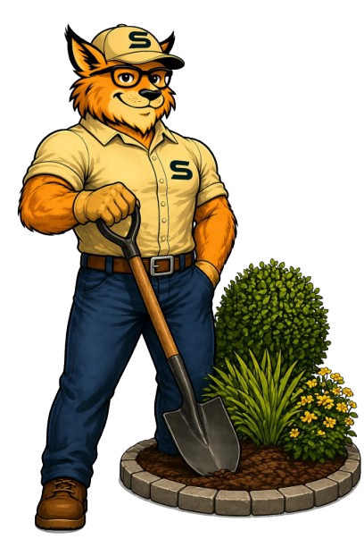 Felix the Bobcat — Swift Tree & Landscape mascot in branded cap and shirt with a shovel