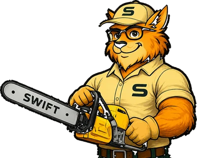 Felix, the Swift Tree & Landscape mascot, holding a chainsaw