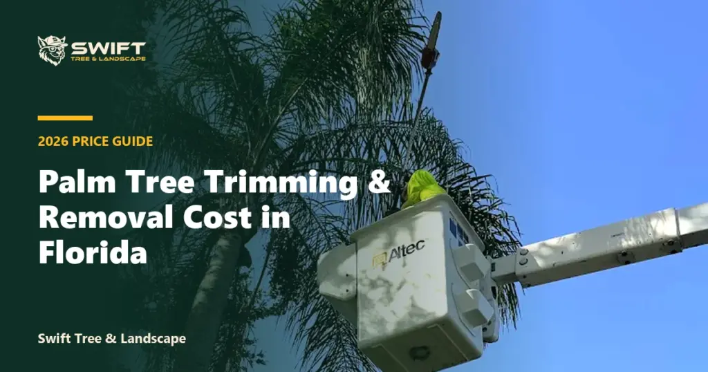 Swift Tree & Landscape crew trimming a queen palm from an Altec bucket truck in Florida